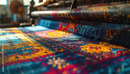 Close up of vibrant textile weaving on industrial loom.