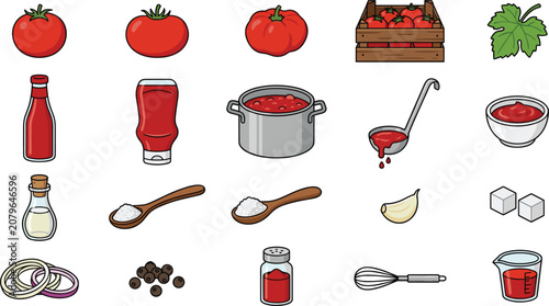 Tomato Ketchup Sauce Recipe Ingredient Icon Set with Fresh Vegetables Bottles Cooking Pot Spices and Condiments for Food Industry Graphic Designs