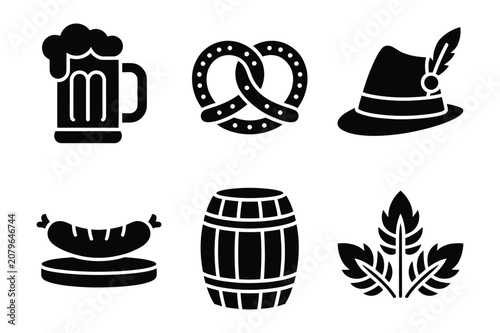 Traditional german oktoberfest food and beverage vector icon set with oktoberfest