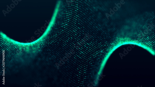Принти на полотні An abstract, undulating surface of glowing dots and lines creates a dynamic digital structure