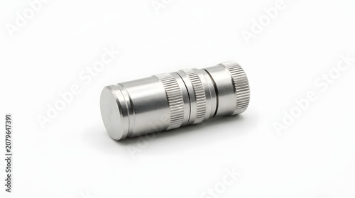 Cylindrical Stainless Steel Dental Capsule or Amalgam Container Isolated on White Background. Professional Metal Component for Laboratory Equipment or Material Storage in Stomatology and Dentistry