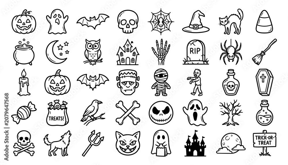 Obraz premium Halloween vector icons set black and white illustrations for spooky designs