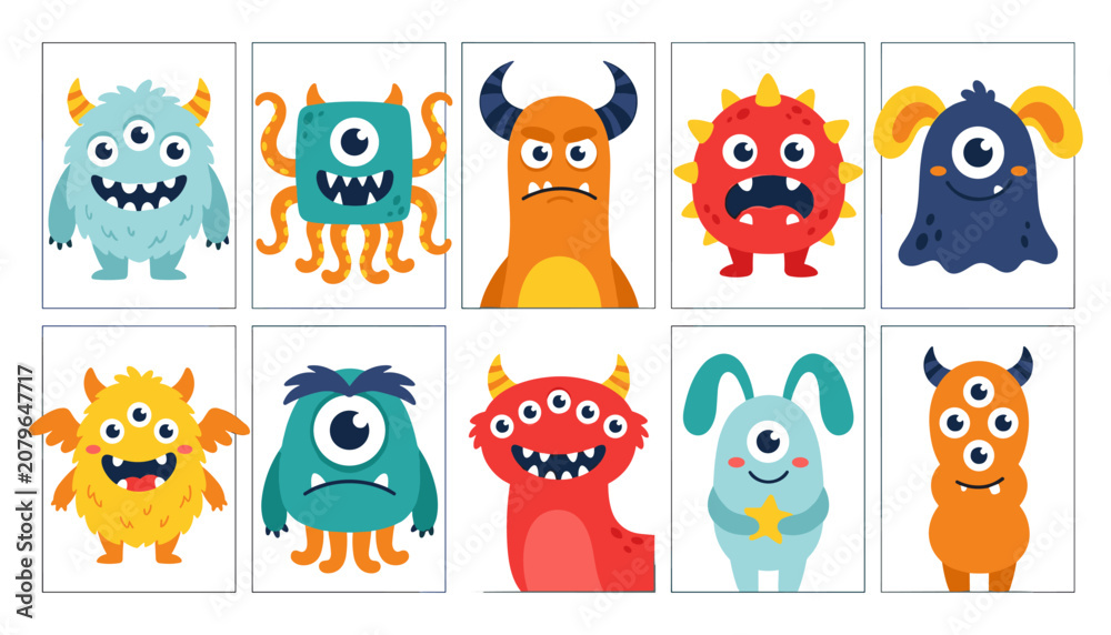 Fototapeta premium Halloween vector monsters set cute cartoon creatures for kids party decorations
