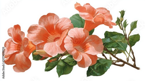 Chinese trumpet vine with pink flowers isolated on white.