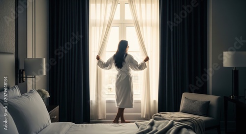 Woman in white bathrobe opening curtains to let morning light into a luxury hotel room bedroom