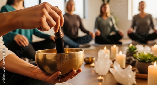 Close-up of hands playing Tibetan singing bowl during group meditation session in a studio with candles and crystals.