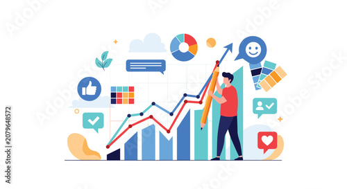 Businessman drawing a rising sales growth graph with a giant yellow pencil representing creative marketing and business success.