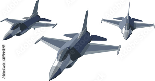 Tableau sur toile Squadron of Modern Military Fighter Jets Flying in Formation Vector Set Showing