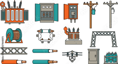 Quadro su tela Electrical Substation and Power Grid Infrastructure Icon Set with High Voltage T