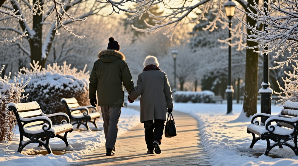 Fototapeta premium Elderly couple holds hands walking on snowy park path. Snow covers trees, benches, lampposts. Winter park scene with warm sunlight. Companionship, older people enjoying winter nature.