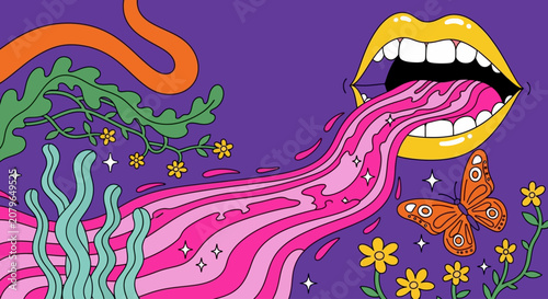Принти на полотні Vibrant, psychedelic illustration, colorful mouth, floral pattern, abstract art