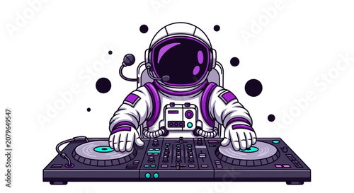 Foto Astronaut DJ, Space Music, Purple Neon, Vector Illustration, DJ Equipment, Space