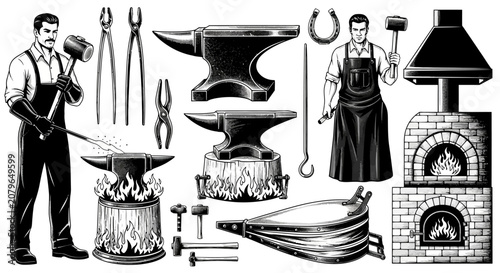 Fotografie Blacksmithing tools, vintage metalwork equipment, 20 vector icons, industrial wo