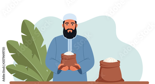 Obraz na płótnie Middle Eastern man holding clay pot, traditional earthenware, blue attire, green