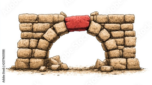 An arch bridge with a central stone highlighted in red. Removing this key stone leads to collapse of the arch.