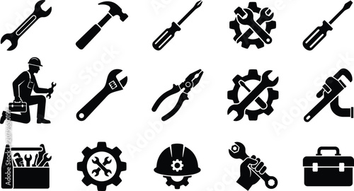 Obraz na plátně Service and Maintenance Glyph Icons Set with Repair Tools Engineering and Techni