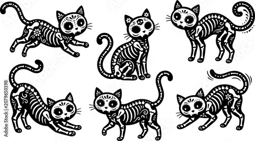 Halloween vector collection black cat skeletons with sugar skull designs for spooky season graphics