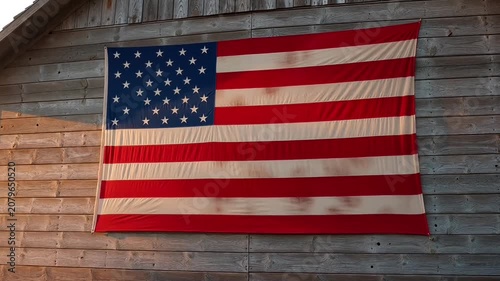 Patriotic American flag displayed on rustic wooden barn wall at sunset