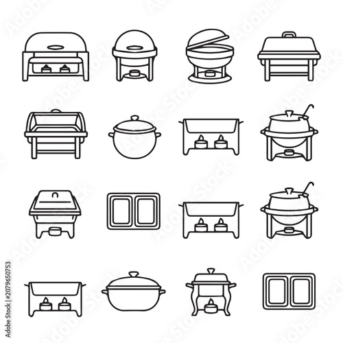 Collection of clean line art icons representing chafing dishes and food warmers for catering events