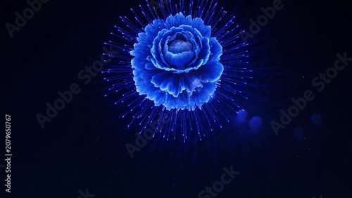 Vibrant blue flower bursts with luminous energy against a dark, ethereal background.