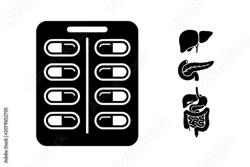 Medical pills package with various internal organs icons silhouette set for healthcare pharmaceutical illustration design element isolated on white background.