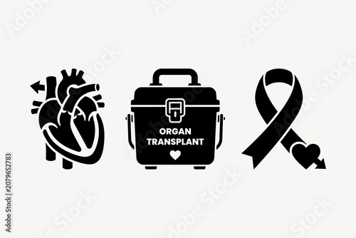 Human heart transplant organ cooler box and awareness ribbon icon set representing cardiac surgery medical donation healthcare concept design isolated set.