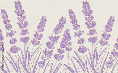 Vector illustration of lilac lavender flowers in a repeating pattern, simple graphic with clean lines, subtle shading and a natural color palette 