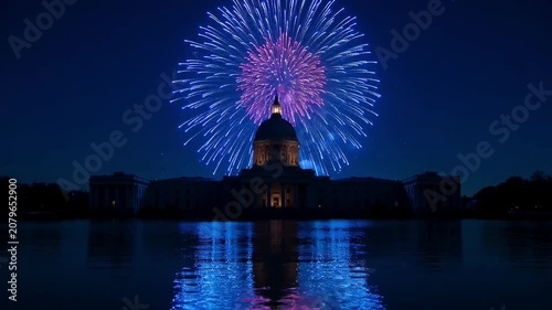 Spectacular fireworks illuminate the night sky over a domed building reflected in tranquil water.