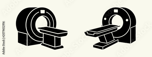 Obraz na płótnie Two mri and ct scan machines vector icons in black on an isolated off-white background depicting advanced medical imaging equipment