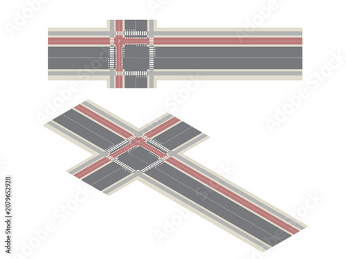 Isometric and top view intersection with bike lane, pedestrian zone