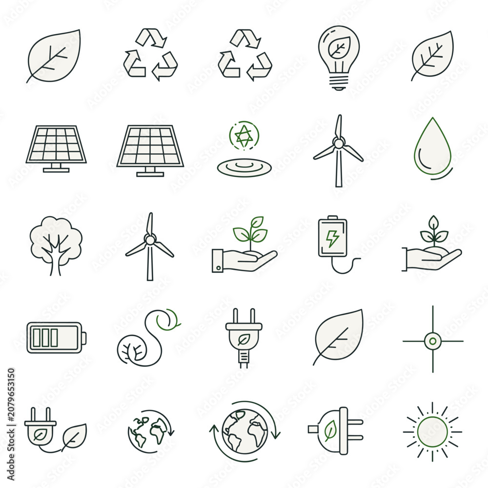 Fototapeta premium Clean line icons for renewable energy and sustainability.