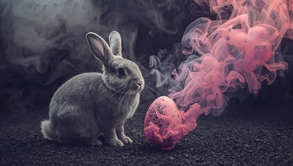 Gray rabbit sitting beside a pink speckled egg with swirling pink smoke against a dark background, creating a whimsical and colorful Easter-themed scene