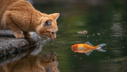 Orange tabby cat leans over the edge of a pond, observing a goldfish swimming in the water, with reflections visible on the surface