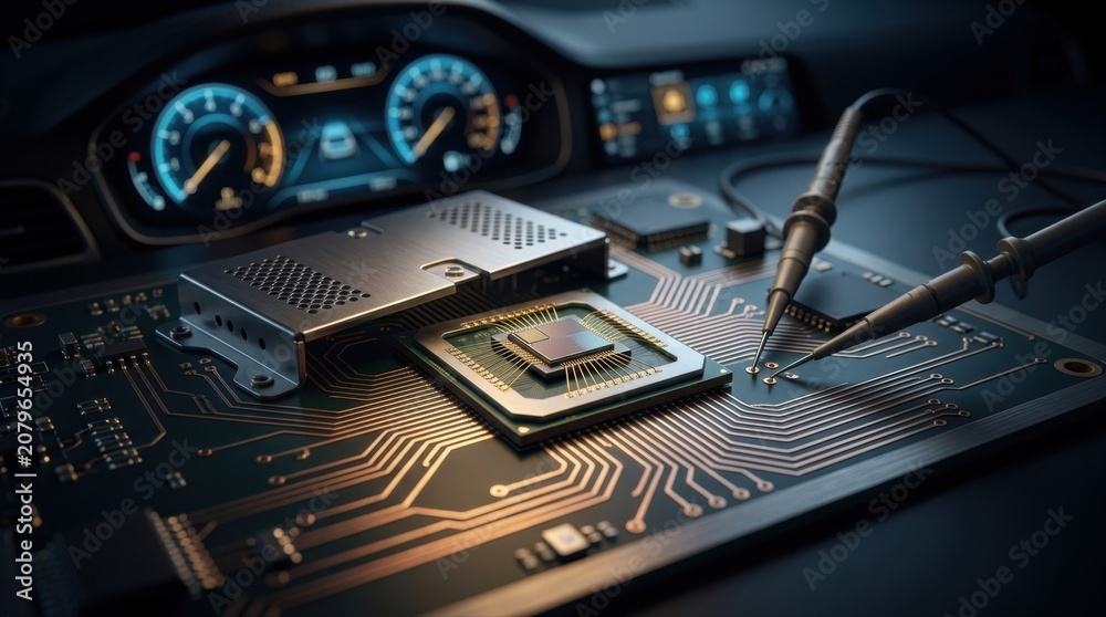 Fototapeta premium Close-up of an automotive semiconductor package on a printed circuit board, with copper traces, bonding wires, an EMI shield can, oscilloscope probes, and a glowing car dashboard module in the