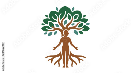 Woman embodying nature with tree roots and leaves