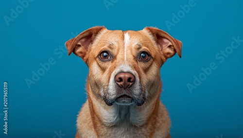 Brown and white mixed breed dog with expressive eyes and short fur, facing forward against a solid blue background, showcasing its features and personality