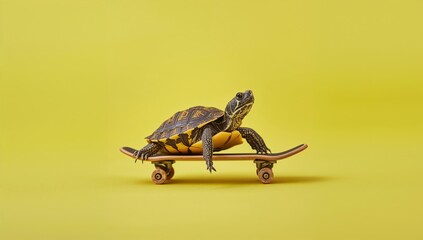 Turtle positioned on a skateboard against a bright yellow background, showcasing a playful and whimsical scene with vibrant colors and unique subject matter
