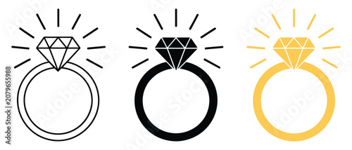 Bild auf Leinwand Diamond Ring Icon Set with Jewelry, Luxury, and Sparkle in Outline and Solid Var
