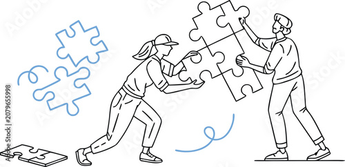 Foto People assembling a large jigsaw puzzle, representing teamwork, problem-solving,