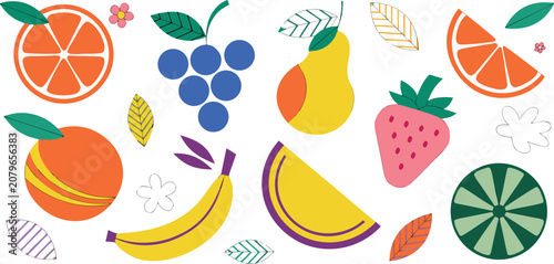 Cuadro en lienzo Vibrant assortment of fresh fruits and leaves, a colorful vector collection for