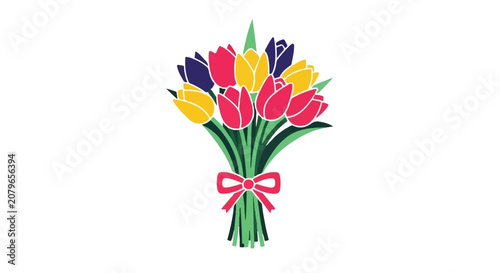 Colorful bouquet of tulips with pink bow, spring flowers