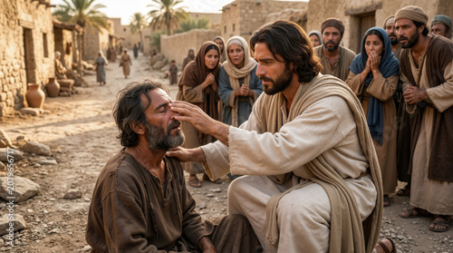 Jesus healing a blind man on the roadside. Biblical scene of miracle and compassion in ancient village