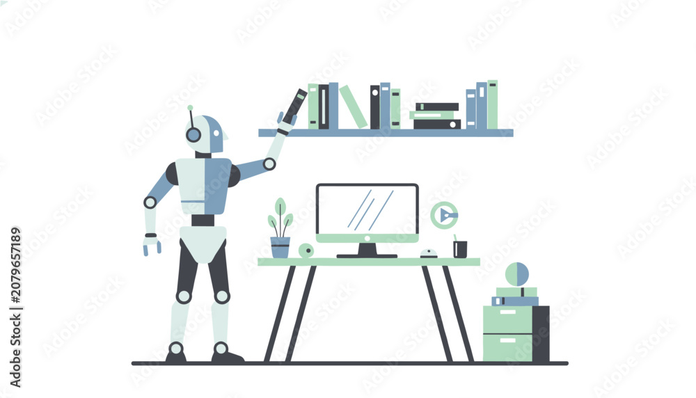 Fototapeta premium Efficient robot stands by a desk with a computer while reaching for a book on a high shelf in a modern, automated workspace environment.