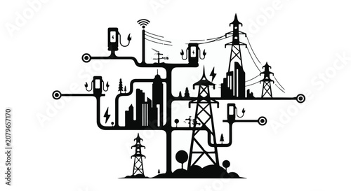 Electric power grid and cityscape with transmission towers and lines