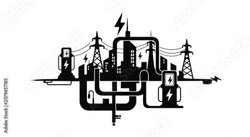 Industrial cityscape with power plants and transmission lines, energy infrastructure concept