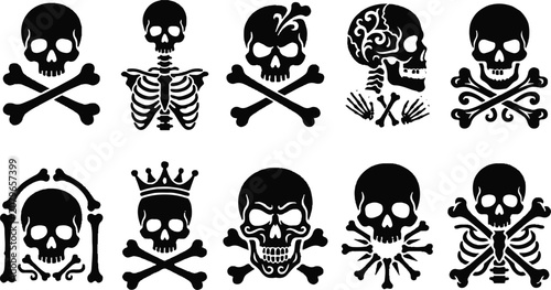 Black skulls and crossbones icons set