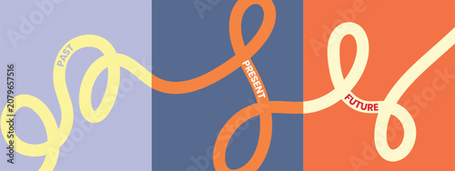 Abstract timeline with past present future flowing through colorful panels vector illustration concept