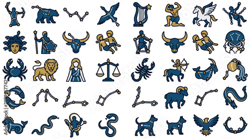Zodiac and Constellation Icon Set with Greek Mythology Symbols
