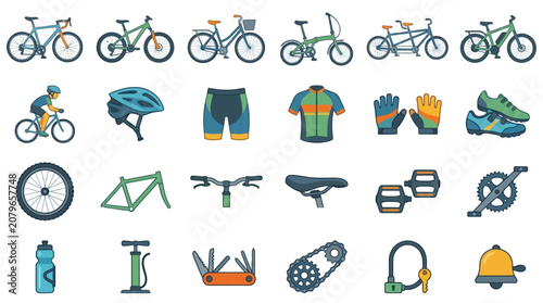 Cycling Equipment and Bicycle Icon Set