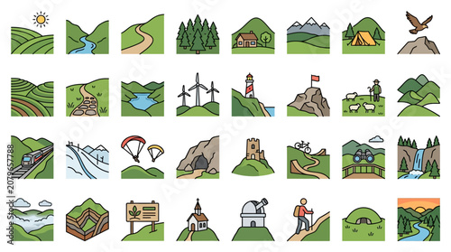 Nature and Outdoor Adventure Outline Icon Set